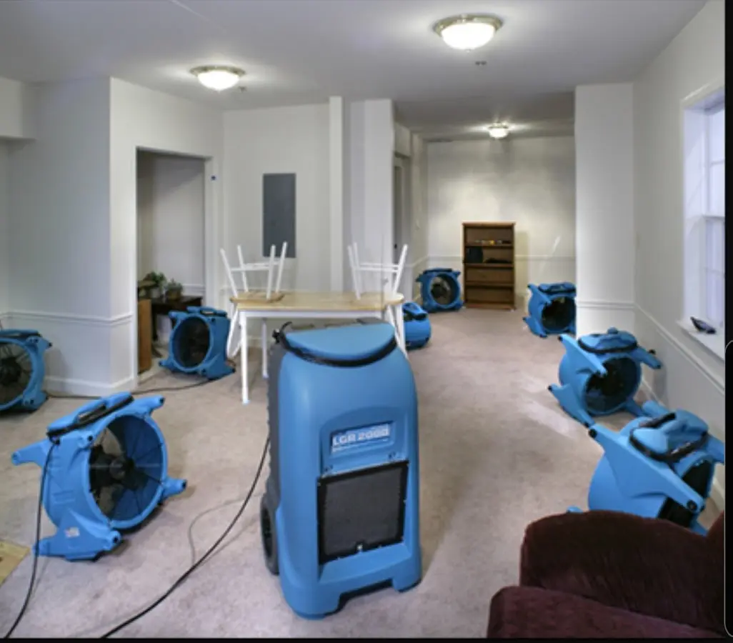 Air movers and dehumidifier setup for Water Extraction & Removal in Harvard